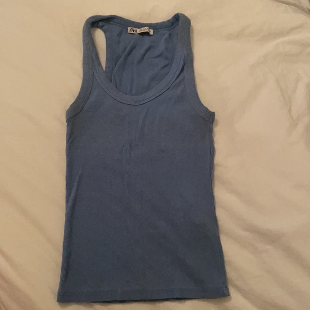Zara Blue Ribbed Tank Top - Picture 2 of 8